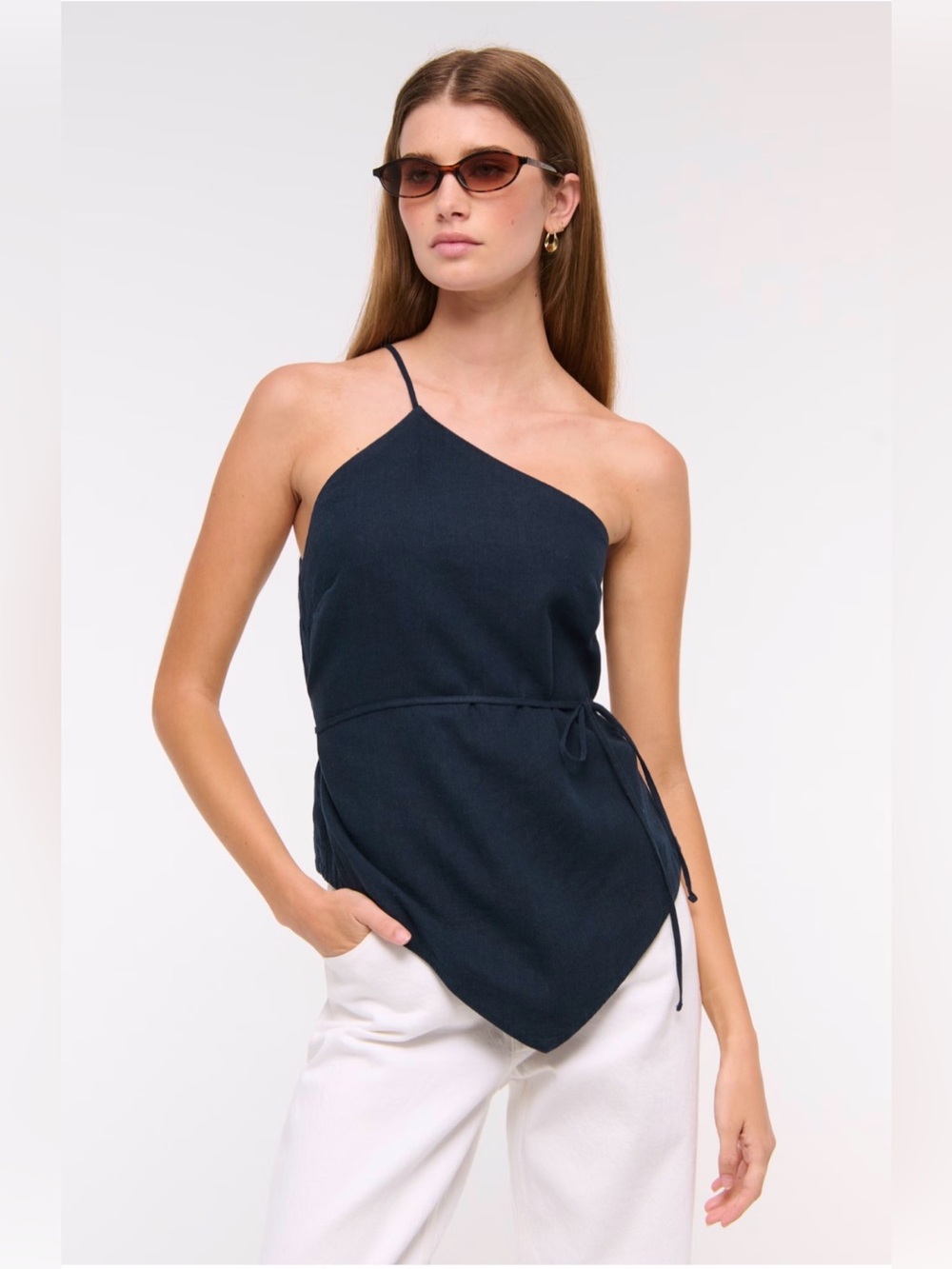 NWT White Abercrombie One-Shoulder Asymmetrical Linen-Blend Top XXS